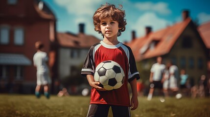 Child playing football. A boy stands in the middle of a sports field and holds a football ball in his hands. 