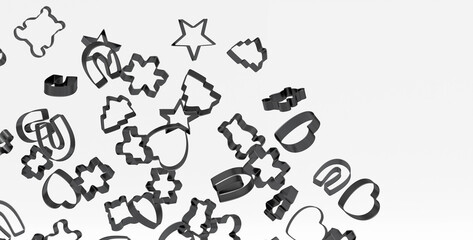 Many of flying gleaming metal cookie cutters, featuring various shapes and sizes - obrazy, fototapety, plakaty