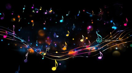 abstract background with lights, musical notes flying