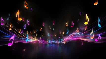 Rolgordijnen luminous musical notes flying, black background, abstract © Barbara Taylor