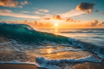 Colourful ocean beach sunrise with deep blue sky and sun rays
