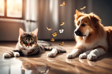 Cat and dog together on floor indoors.