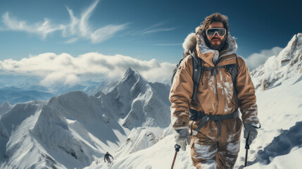 Fototapeta na wymiar calm man, donned in warm clothing and ski goggles, as he looks directly at the camera while standing against the backdrop of snowy mountains in a serene winter landscape.