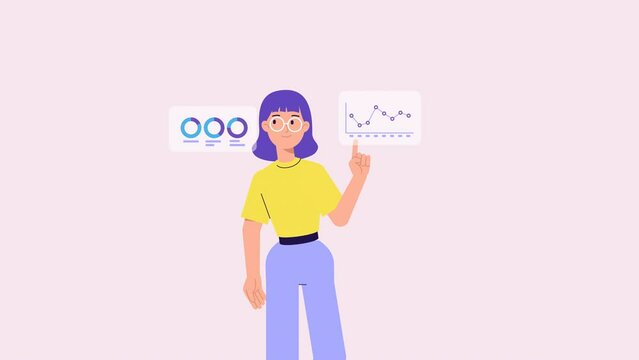 Young female character animation. Financial graphs and charts, business. Accounting, analysis, audit, research. infographics. Finance statistics. office worker, manager, woman points at diagram