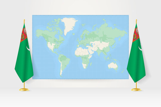 World Map between two hanging flags of Turkmenistan flag stand.