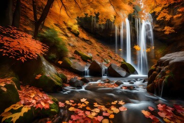 View of the waterfall in autumn. Waterfall in autumn colors