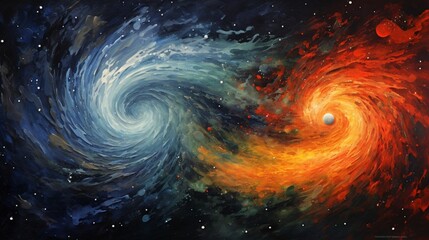 Generate an abstract representation of a distant galaxy, brimming with cosmic swirls and cosmic secrets.