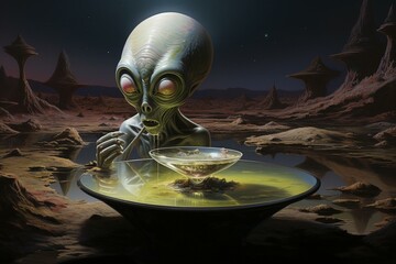 artwork of extraterrestrial quenching thirst from a dish. Generative AI - obrazy, fototapety, plakaty