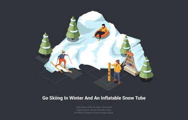Concept Of Christmas Vacations, Family Holidays In Winter. People Skiing And Riding Inflatable Snow Tube Downhill, Spending Time Outdoors, Fun Activities in Winter. Isometric 3D Vector Illustration