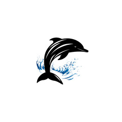 Dolphin jumping above waves.  Monochrome dolphin isolated on a white background. The logo template. Vector illustration