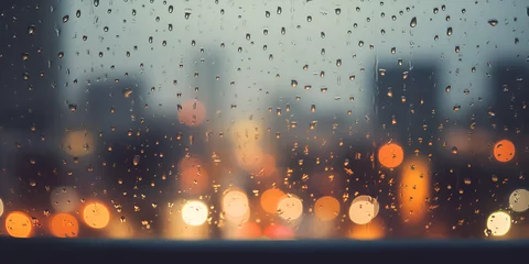 Fotobehang Photography of raindrops on the windows glass in focus with blured city skyline, Drops on glass auto road rain autumn night , Rain drop on window glass of coffee shop and blurry city  generative Ai © Muhammad