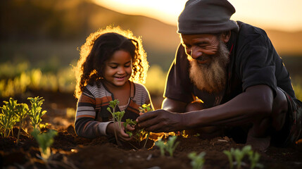 Naklejka na ściany i meble indigenous grandfather growing organic food with his granddaughter, teaching her how to sow and cultivate, garden life, connection with nature, lifestyle in Latin America