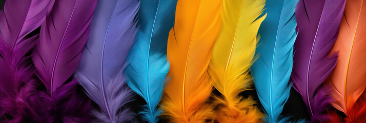 Beautiful multi-colored feathers of a fantastic bird, banner of colorful feathers