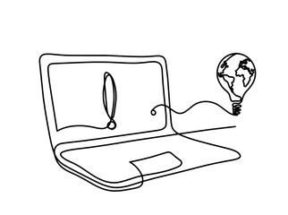 Abstract laptop and light bulb as line drawing on white background. Vector