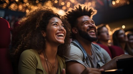 Young American couple watching movie at cinema theatre laughing enjoying comedy show. Curly caucasian young woman at concert hall smiles wide happy ti spend time with boyfriend. Leisure. - obrazy, fototapety, plakaty