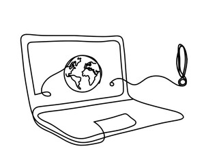 Abstract laptop and exclamation mark as line drawing on white background. Vector