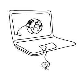 Abstract laptop and heart as line drawing on white background. Vector