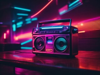 Boom box with neon lights background