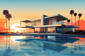 Modern country house villa in a minimalist cubic style with swimming pool, illustration of a vacation on the sea coast, sunset view