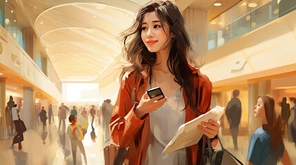 Fototapeta na wymiar Nice pretty asian woman with shopper at mall. Beautiful girl in store with purchases. AI Generated