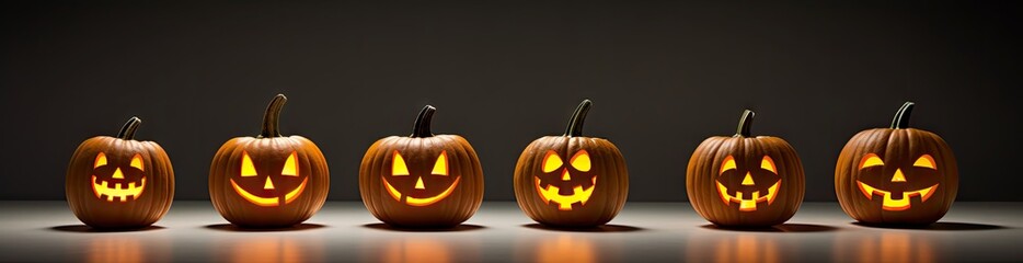 the halloween pumpkins are lined up lighted up in front of dark backgrounds Generative AI
