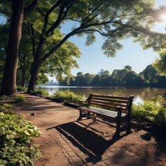 Urban green recreation area, park with benches and lake, shady paths along the river or lake
