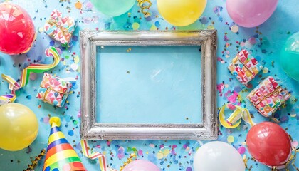 Party or birthday background Silver frame with colorful balloon, gift box