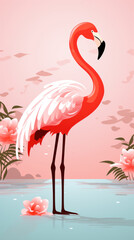 Pink flamingo on the background of nature with exotic beautiful flowers, illustration