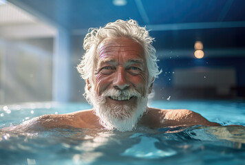 Mature man is swimming in the pool - obrazy, fototapety, plakaty