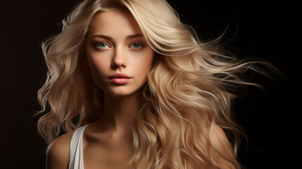 Portrait of a beautiful young woman with long blond hair on a black background