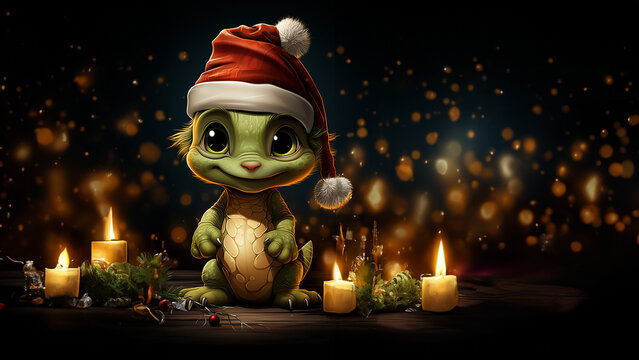 Lustiger s&uuml;&szlig;er Catroon Drache mit Weihnachtsm&uuml;tze in der H&ouml;hle und  vielen Kerzen im Querformat f&uuml;r Banner, ai generativ