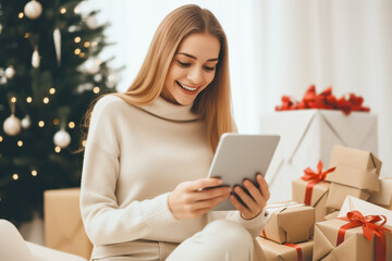 Attractive blonde woman doing Christmas shopping online at tablet from home