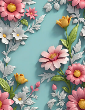 Flower frame with 3D spring flower patterns and texture.