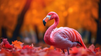 Portrait of happy flamingo rejoices in autumn.