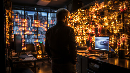 Obraz premium Cybersecurity Vigilance: A security expert reviewing screens filled with security alerts, showcasing the intensity of IT security operations.