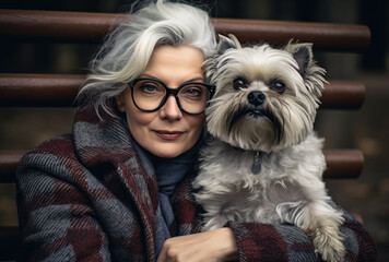 Portrait of a beautiful mature woman with her dog 