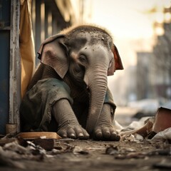 Sad homeless elephant dreaming about home. - obrazy, fototapety, plakaty