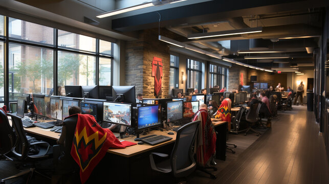 Tech Support Heroes: An IT support team hard at work, solving complex tech issues in a modern office setting.