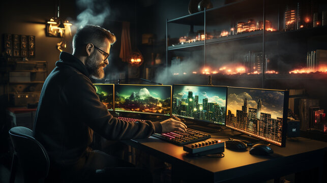 Coding in the Cloud: A developer working on code in a cloud computing environment, with virtual servers floating in the digital sky.