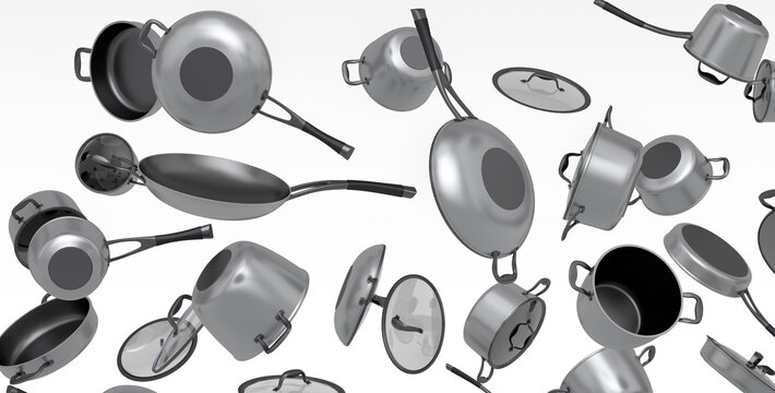 Many of flying frying pan with glass lid on white background, non-stick