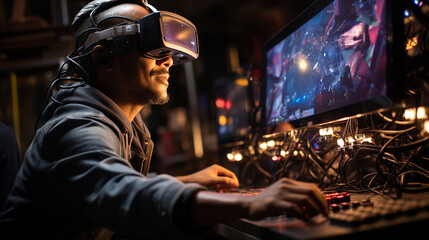 Obraz premium Virtual Reality Innovation: A developer testing a VR headset with a digital world coming to life around them.