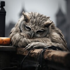 Sad homeless owl dreaming about home.