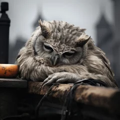 Tuinposter Sad homeless owl dreaming about home. © vlntn