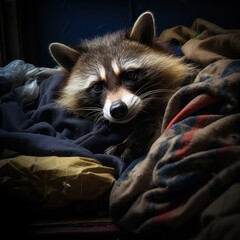 Obraz premium Sad homeless raccoon dreaming about home.