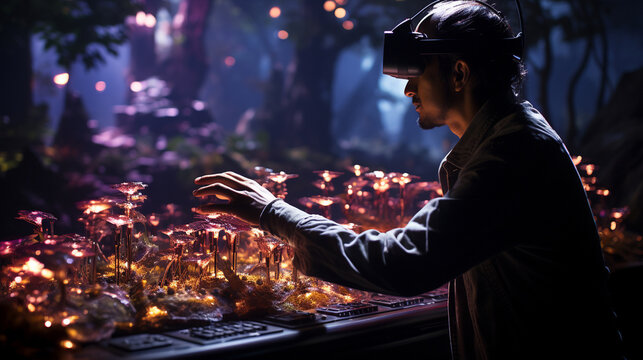 Virtual Reality Innovation: A developer testing a VR headset with a digital world coming to life around them.