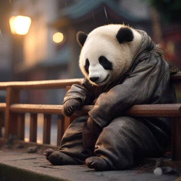 Sad homeless panda dreaming about home.