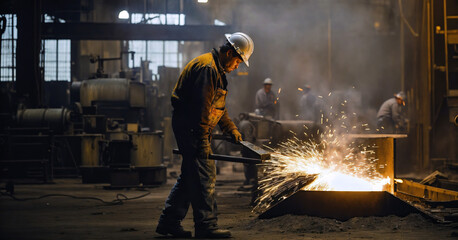 A dedicated steel worker in protective gear handles molten metal in a bustling industrial foundry, capturing the essence of craftsmanship, labor, and manufacturing.