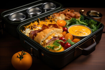 Open lunchbox closeup with food, homemade healthy food for lunch at school, work or picnic