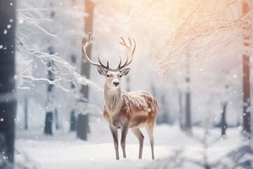 Christmas greeting card with beautiful deer in magical snowy forest
