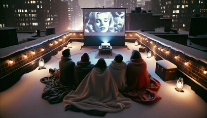 Close-up photo of a group of friends on a snow-covered urban rooftop, engrossed in watching a classic film.